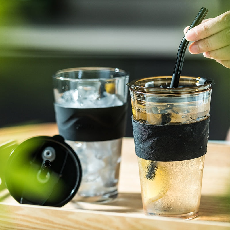 Verre À Café Résistant À La Chaleur Avec Couvercle Et Paille - 450ML