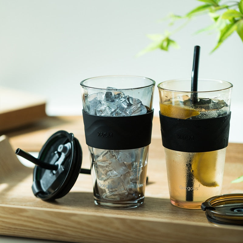 Verre À Café Résistant À La Chaleur Avec Couvercle Et Paille - 450ML