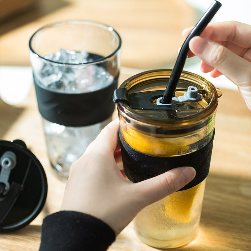 Verre À Café Résistant À La Chaleur Avec Couvercle Et Paille - 450ML